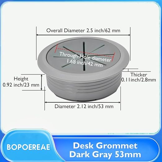 Desk Grommet 2-1/16" (53 mm), Desk Hole Cover for Cables Dark Grey, Cable Grommet ABS Plastic, Desk Hole Grommet for Office and Home Table Cable, Detachable & Flexible Cable Cord Organizer-2 Pcs