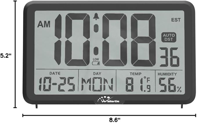 WallarGe Auto Set Digital Wall Clock Battery Operated, Desk Clocks with Temperature, Humidity and Date, Large Display Digital Calendar Alarm Clock for Elderly, Bedroom, Office, 8 Time Zone, Auto DST.