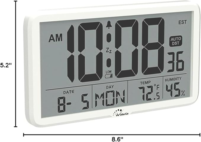 WallarGe Auto Set Digital Wall Clock Battery Operated, Desk Clocks with Temperature, Humidity and Date, Large Display Digital Calendar Alarm Clock for Elderly, Bedroom, Office, 8 Time Zone, Auto DST.