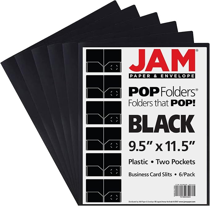 JAM PAPER Plastic 2 Pocket POP Folders - Durable School Folders - Black - 6/Pack