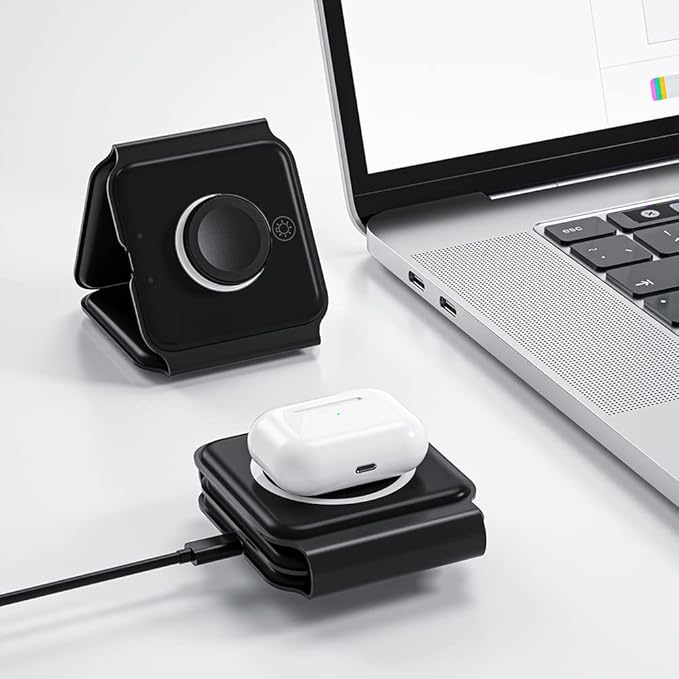 ESSAGER 3 in 1 Foldable Wireless Charger for iPhone 16/15/14/13/12/11 Series, Magnetic Wireless Charging Station, Travel Wireless Fast Charging Pad for Airpods 4/3/2/Pro, iWatch (3 in 1, Black)