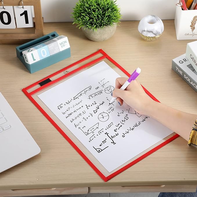 Nezyo Dry Erase Pockets Plastic Job Ticket Holders Shop Holder Order Pockets Clear Sleeves Tickets Folders Plastic Sleeves Paper Teacher Supplies for Classroom(14 x 10 in,Red,12 Pcs)