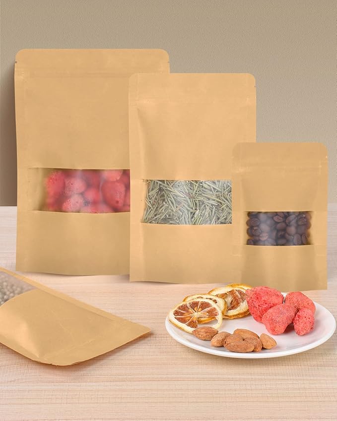 50pcs Kraft Bags with Window 5.9x8.6 Inches Brown Reusable Sealable Zip Lock Food Storage Stand up Paper Pouches for Home or Business