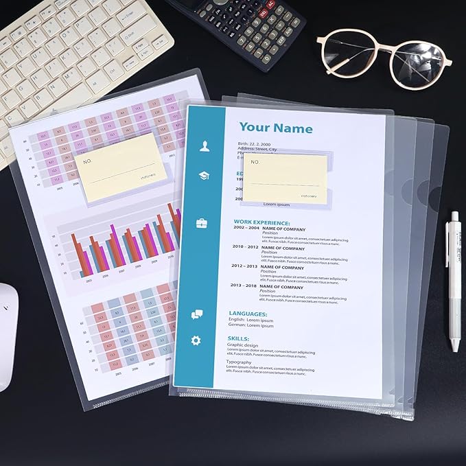 40PCS Plastic Clear Document Folders,with Label Bag,L-Type Transparent Folder Project Pockets for A4/ Letter Size,18C (1.8mm) Thick