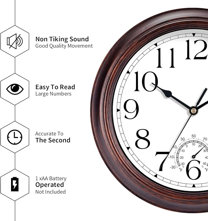 14 Inch Outdoor Wall Clock with Thermometers, Vintage Silent Wall Clocks Battery Operated, Retro Non-Ticking Clock Decorative for Living Room, Patio, Kitchen, Office, Bathroom, Bedroom(Bronze)