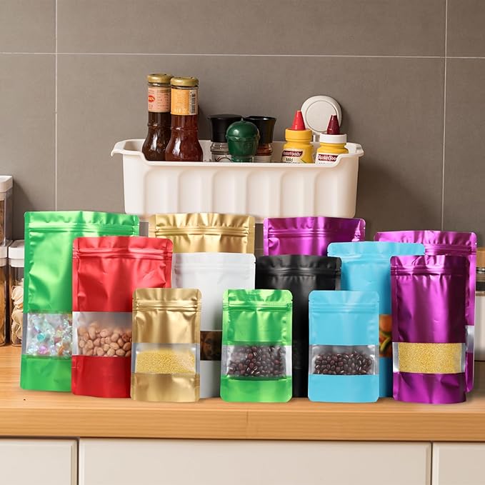 100 Pack Smell Proof Bags, Resealable Mylar Bags with Matte Window, Foil Pouch Stand-up Bags for Food Self Sealing Storage, Scratch Resistant Hand Storage Bags. (Red, 3.9×5.9 Inch)