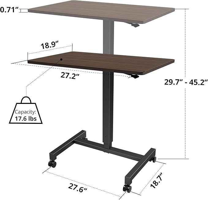 FitDesk Portable Laptop Desk, Rolling Standing Workstation Adjustable Height, Compact Standing Table with Large Surface, Small Stand Desk for Home Office, 30 lb Weight Limit – Walnut, 27" Tabletop
