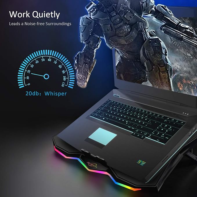 AICHESON Laptop Cooling Pad, Chill Pad for 15.6-17.3 Inch Notebook with 7 Height Slots, 2 USB Ports, Rainbow Lights, Perfect for Reducing Temperature of Laptop, AA3