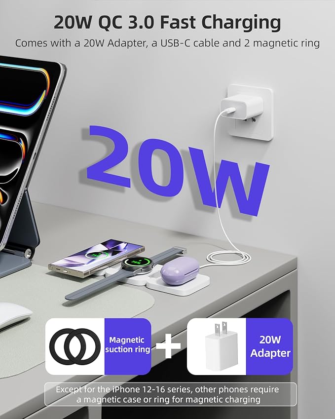 Foldable 3 in 1 Wireless Charging Station for Samsung, KU XIU X55 Ultra Magnetic Travel Charger Stand for Galaxy S24 Ultra S23 S22 Note 20 Z Fold Flip 6 5, Galaxy Watch Ultra 7 6 5, Galaxy Buds, White
