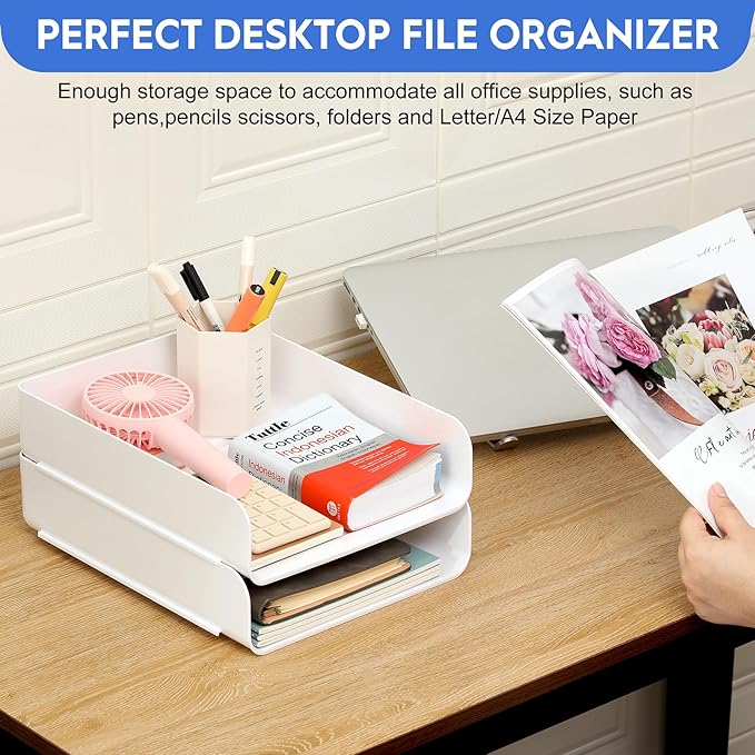 Letter Tray, Set of 2 Office Organization and Storage, PET Letter Tray Desk Organizer, Stackable Document Organizer for Notes, Pens, File Paper, Desk, White