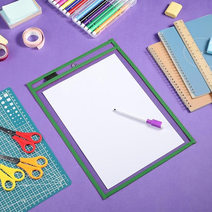 Nezyo Dry Erase Pockets Plastic Job Ticket Holders Shop Holder Order Pockets Clear Sleeves Tickets Folders Plastic Sleeves Paper Teacher Supplies for Classroom(14 x 10 in,Green,50 Pcs)