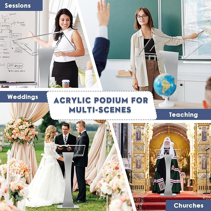 45" Acrylic Podium Stand, Ultra Clear Iron Pulpits for Churches, Modern Podium Lectern for Church, Conference, Speech, Classroom, 44.9"H x 23.6"L x 15.7"W (Silver)