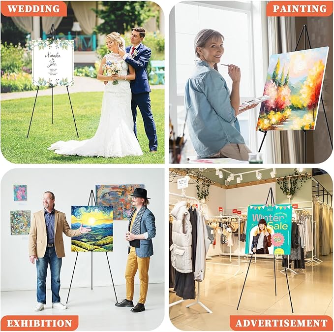 Easel Stand for Sign, 63" Portable Easels Stand for Display, Lightweight Adjustable Tripod Art Easel Stand for Wedding Sign, Black Metal Painting Easel with Portable Bags (4 Pack)