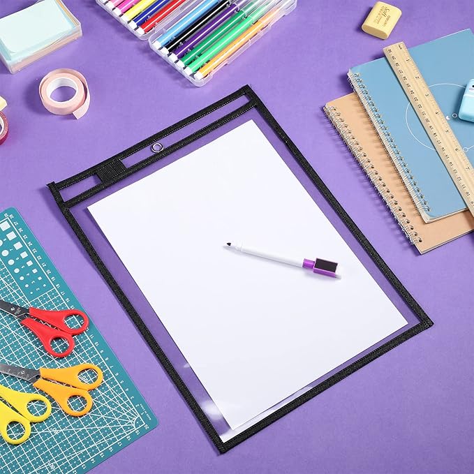 Nezyo Dry Erase Pockets Plastic Job Ticket Holders Shop Holder Order Pockets Clear Sleeves Tickets Folders Plastic Sleeves Paper Teacher Supplies for Classroom(14 x 10 in,Black,12 Pcs)