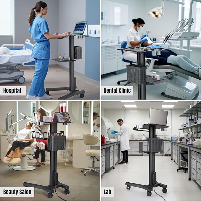 AW Mobile Laptop Cart Medical Rolling PC Stand Computer Workstation on Wheels with Handle 220 Lbs Capacity CPU Printer Power Strip Holder for Lap School Office Salon Spa Dental