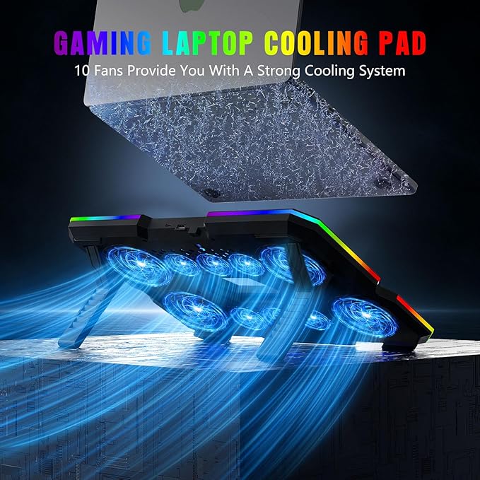 Laptop Cooling Pad, Gaming Laptop Cooler with 10 Quiet Fans, Height Adjustable Laptop Cooling Stand for 12"-17" Laptops, RGB Lights with Laptop Fan with 2 USB Port and Phone Stand