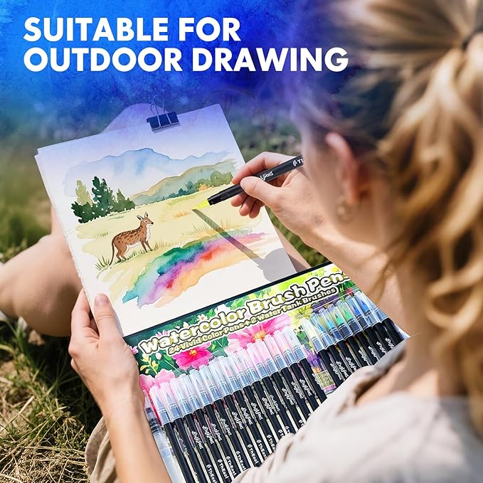 ThEast 24 Watercolor Brush Pens with 2 Refillable Blending Brushes - Flexible Real Nylon Brush Tip Watercolor Markers for Coloring & Journaling & Calligraphy, Art Supplies