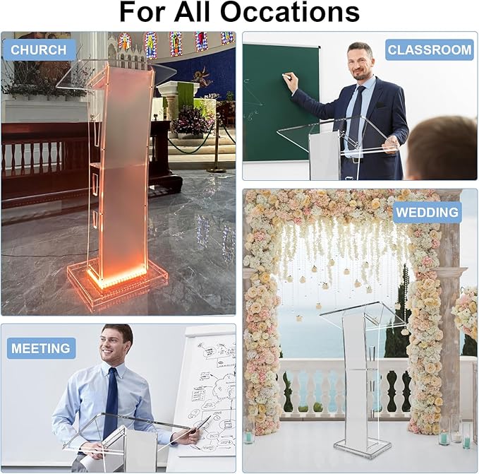 Acrylic Podium Stand, Ultra Clear 43'' Pulpits for Churches with 15 Color Adjustable, Modern Lectern with Storage Sheld for Church,Conference,Speech,Classroom, 23.62”x 15.75”X 43.3”