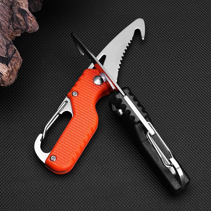 2 Pack Safety Box Cutter, EDC Seat belt Cutter with 1.1inch Hook Blade, Retractable Package Opener for Wrap, Tape and Strap, Small Keychain Knife, Cool Gadgets for Women Men