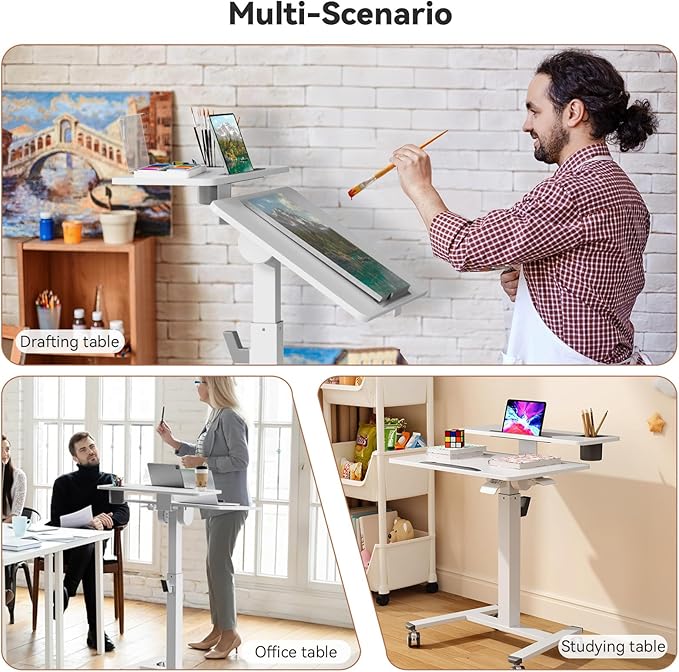 28Inch Mobile Standing Desk On Wheels, Rolling Laptop Stand with Tiltable Desktop, Small Computer Workstation Adjustable Height, 2-Tier Portable Study Table with Storage Shelves, White