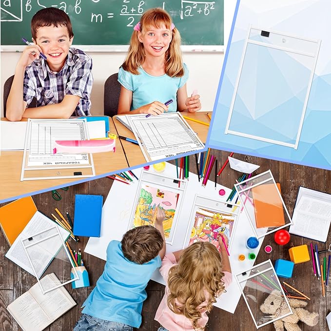 Seajan 120 Pcs Clear Dry Erase Pockets Plastic Sleeves for Paper 14 x 10 Inch Reusable Job Holder Shop Ticket Holders Order Pockets Organizer Teacher Supplies for Classroom (White)