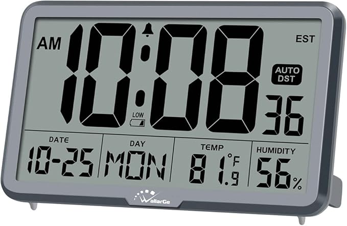 WallarGe Auto Set Digital Wall Clock Battery Operated, Desk Clocks with Temperature, Humidity and Date, Large Display Digital Calendar Alarm Clock for Elderly, Bedroom, Office, 8 Time Zone, Auto DST.