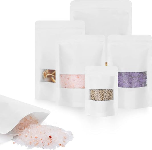 50pcs Kraft Bags with Window 5.9x8.6 Inches White Reusable Sealable Zip Lock Food Storage Stand up Paper Pouches for Home or Business