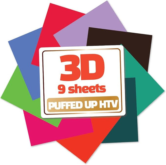3D Puff Vinyl Heat Transfer 10"x12"-9 Sheets 9 Special Assorted Colors HTV Bundle Iron-On Design for T-Shirt Compatible with Cricut Silhouette Cameo Heat Press Machine Easy to Weed Cut