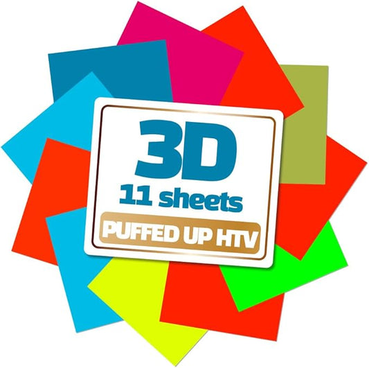 3D Puff Vinyl Heat Transfer 10" x 12" - 11 Sheets Foaming HTV Assorted Colors Bundle/Variety Pack, Adhesive Vinyl, Iron-On Transfer, Heat Press with Cricut Silhouette Cameo