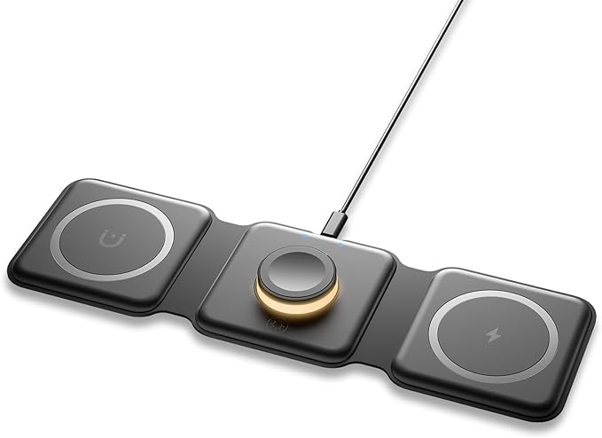 ESSAGER 3 in 1 Foldable Wireless Charger for iPhone 16/15/14/13/12/11 Series, Magnetic Wireless Charging Station, Travel Wireless Fast Charging Pad for Airpods 4/3/2/Pro, iWatch (3 in 1, Black)