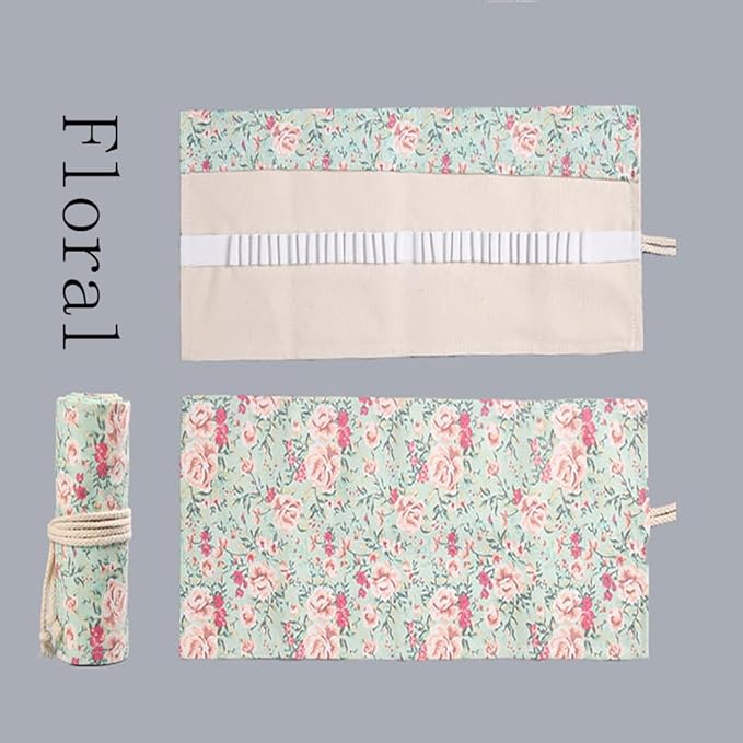 DIYOMR 24/36/72 Slots Pencil Wrap Pencil Rolls, Artist Colored Pencils Roll Up Bag Short Brushes Pouch Case Pencils Organizer for Drawing Coloring and Sketching (Small Floral, 12slots)