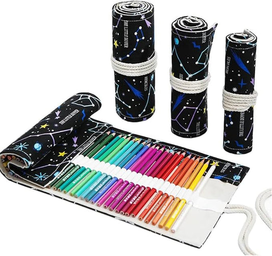 DIYOMR 12/24/36/72 Slots Pencil Wrap Pencil Rolls, Artist Colored Pencil Roll Up Bag Short Brush Pouch Case Pencils Organizer for Drawing Coloring and Sketching, No Pencils (Constellation, 12slots)