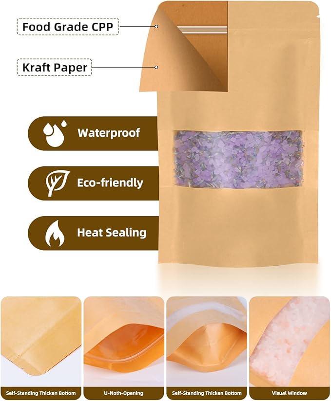 100pcs Kraft Bags with Window 7.1x10 Inches Brown Reusable Sealable Zip Lock Food Storage Stand up Paper Pouches for Home or Business