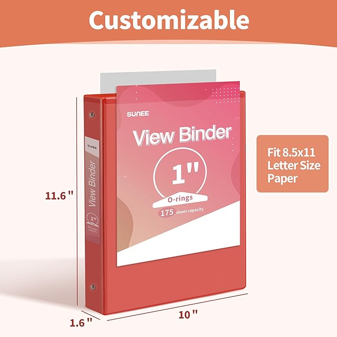 SUNEE 1 Inch Binders 3 Ring 6 Pack, Clear View Three Ring Binders PVC-Free (Fit 8.5x11 Inches) for School Binder or Office Binder Supplies, Classic 6 Colors