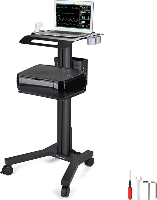AW Mobile Laptop Cart Medical Rolling PC Stand Computer Workstation on Wheels with Handle 220 Lbs Capacity CPU Printer Power Strip Holder for Lap School Office Salon Spa Dental