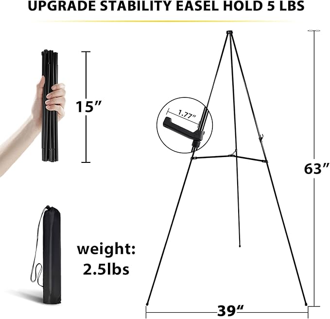 3 Pack Easel Stand for Sign - 63 Inches Display Easel for Wedding Sign & Poster - Lightweight Portable Floor Easel for Picture - Adjustable Poster Easel with Carrying Case, Black