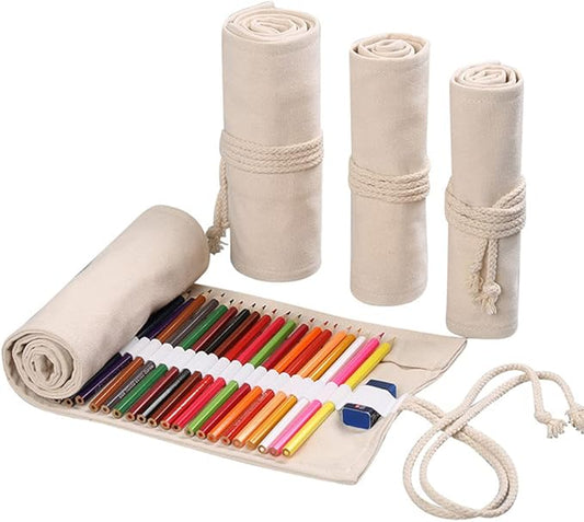 DIYOMR 24/36/72 Slots Pencil Wrap Pencil Rolls, Artist Colored Pencils Roll Up Bag Short Brushes Pouch Case Pencils Organizer for Drawing Coloring and Sketching (White, 72slots)