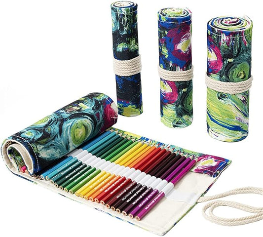 DIYOMR 24/36/72 Slots Pencil Wrap Roll Up Bag, Artist Colored Roll for Short Brushes, Organizer Pouch Case for Drawing Coloring and Sketching (Ink Painting, 36slots)