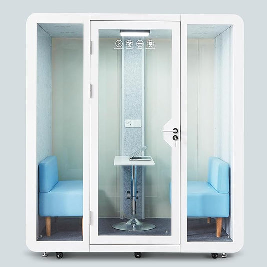 Mobile Office Pod Booth, Sound Pod, Large Space SoundProof Pod 2-4 People, Sound Booth Mobile Roller, LED Lighting, Centrifugal Fans and AC USB Ports - for 2-4 Persons White