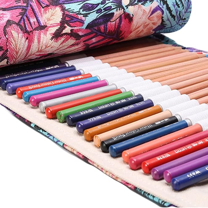 DIYOMR 24/36/72 Slots Pencil Wrap Pencil Rolls, Artist Colored Pencils Roll Up Bag Short Brushes Pouch Case Pencils Organizer for Drawing Coloring and Sketching (Maple Leaves, 72slots)