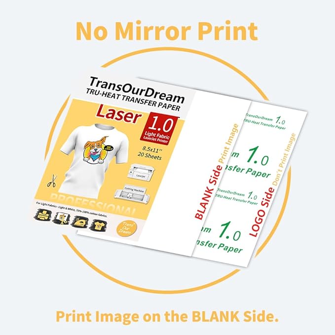 TransOurDream Heat Transfer Paper for Laserjet Printer (20 Sheets, 8.5x11, Laser 1.0) Printable HTV Heat Transfer Vinyl for T Shirts Iron on Transfers for Light Fabrics (TRANS-LAS1-L-20)
