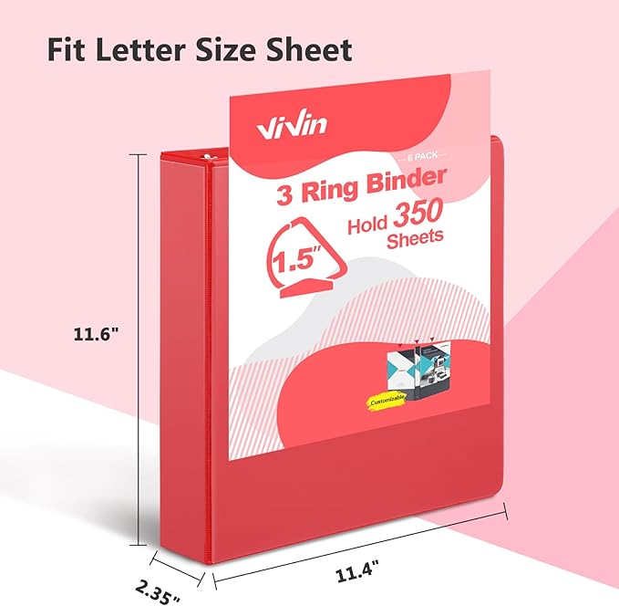 ViVin Sturdy 1.5 Inch 3 Ring Binder with Pockets,Slant-D Ring, PVC-Free, Customizable Clear View Binder,Holds 350 Sheets of 8.5" x 11" Paper, 6 Pack (Red)