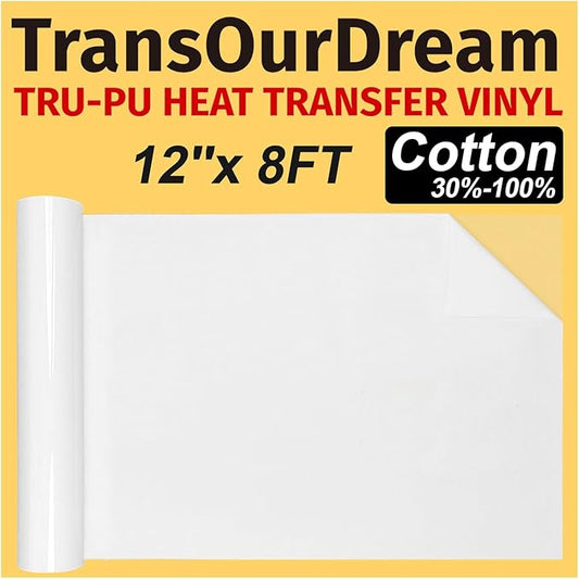 TransOurDream Tru-PU Heat Transfer Vinyl Roll, 12'' x 8ft Matte White Vinyl for Explore AIR 2, Maker, Cameo, Matte White HTV Iron on Vinyl for T-Shirts, Thinner, Soft, Sticky, Unprintable