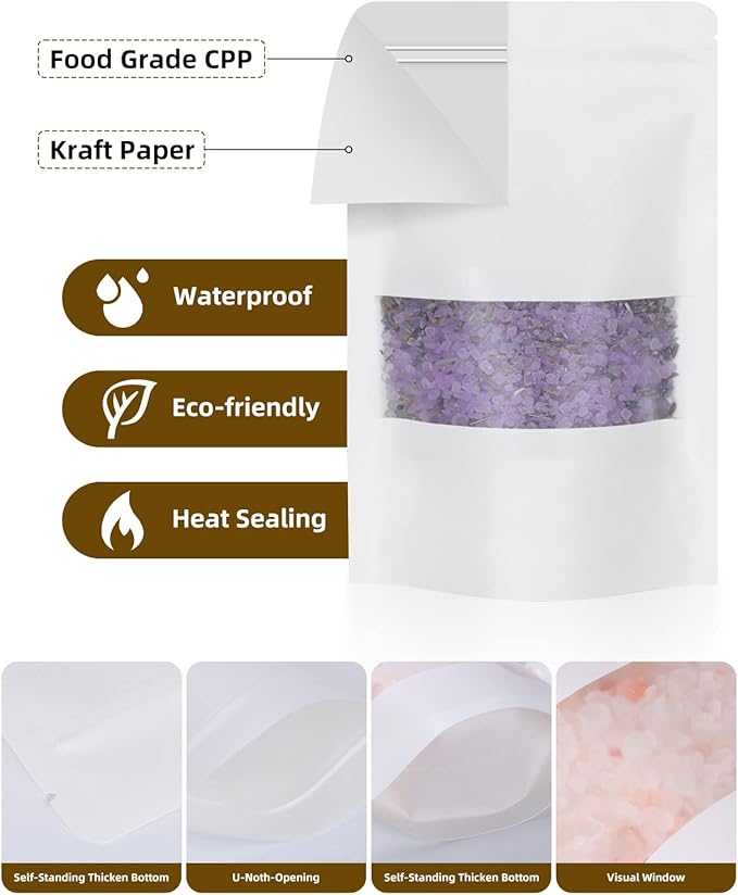 50pcs Kraft Bags with Window 5.9x8.6 Inches White Reusable Sealable Zip Lock Food Storage Stand up Paper Pouches for Home or Business