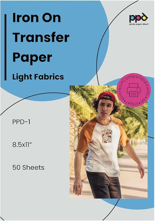PPD 50 Sheets 8.5x11” - Inkjet Iron-on Heat Transfer Paper for White & Light Fabric and T-Shirts - Premium - PPD-1-50