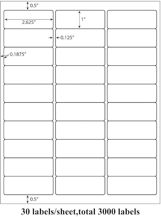 9527 Product 30 up 1 x 2-5/8 Sticker Labels Shipping Address Labels 2000 Sheets SKU Labels for Laser/Ink Jet Printer,Total 60000 Labels