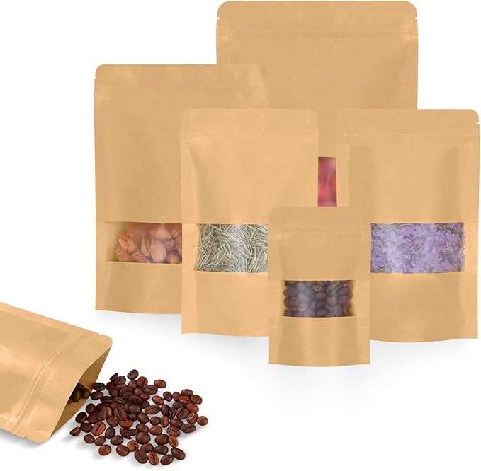 100pcs Kraft Bags with Window 7.1x10 Inches Brown Reusable Sealable Zip Lock Food Storage Stand up Paper Pouches for Home or Business