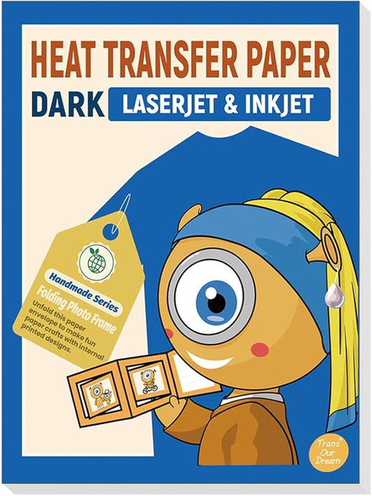 TransOurDream Heat Transfer Paper for Laser & Inkjet Printer (10 Sheets, 8.5x11", Dark) Iron on Transfers for Dark Fabric, Printable Heat Transfer Vinyl for T Shirts