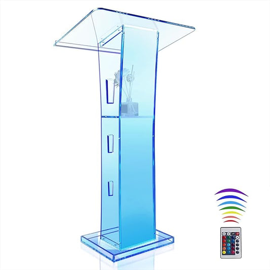 Acrylic Podium Stand, Ultra Clear 43'' Pulpits for Churches with 15 Color Adjustable, Modern Lectern with Storage Sheld for Church,Conference,Speech,Classroom, 23.62”x 15.75”X 43.3”