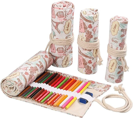 DIYOMR 24/36/72 Slots Pencil Wrap Pencil Rolls, Artist Colored Pencils Roll Up Bag Short Brushes Pouch Case Pencils Organizer for Drawing Coloring and Sketching (Paris Tower, 24slots)